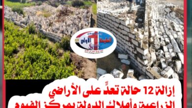 إزالة 12 حالة تعدٍّ على الأراضي الزراعية وأملاك الدولة بمركز الفيوم ضمن المرحلة الأولى من الموجة 28
