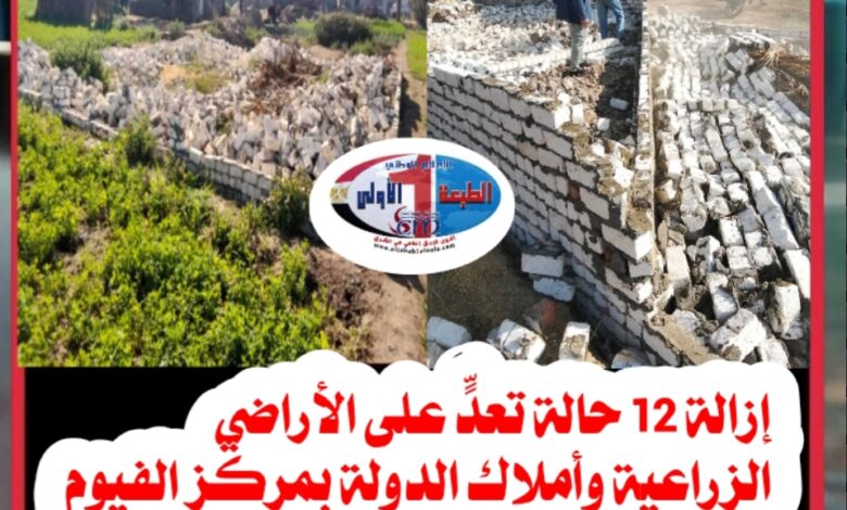 إزالة 12 حالة تعدٍّ على الأراضي الزراعية وأملاك الدولة بمركز الفيوم ضمن المرحلة الأولى من الموجة 28