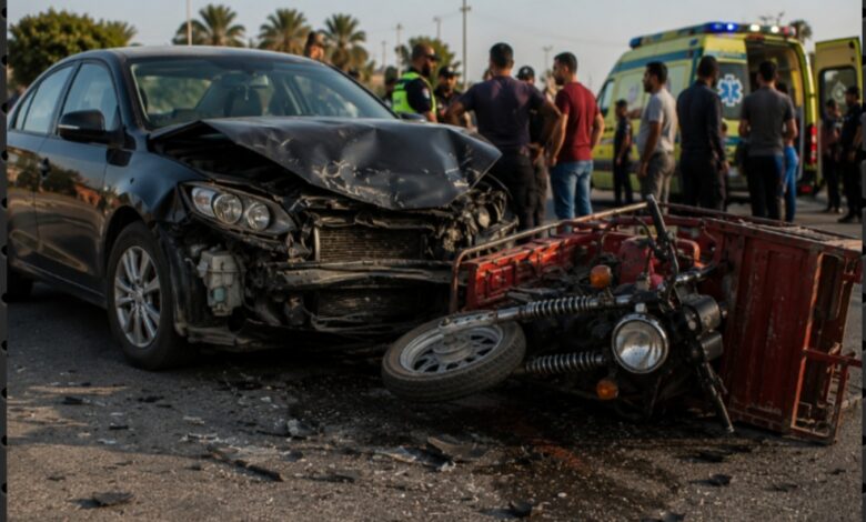 إصابة 3 أشخاص في تصادم سيارة ملاكي وتروسيكل بطريق سنهور بالفيوم