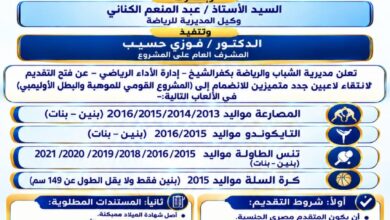 رياضة كفر الشيخ تعلن عن فتح باب التقديم للإلتحاق بالمشروع القومي للموهبة والبطل الأوليمبى